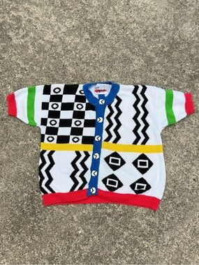 Vintage Caren Sport Whimsy Colorful Knit Cardigan Sweater Size M